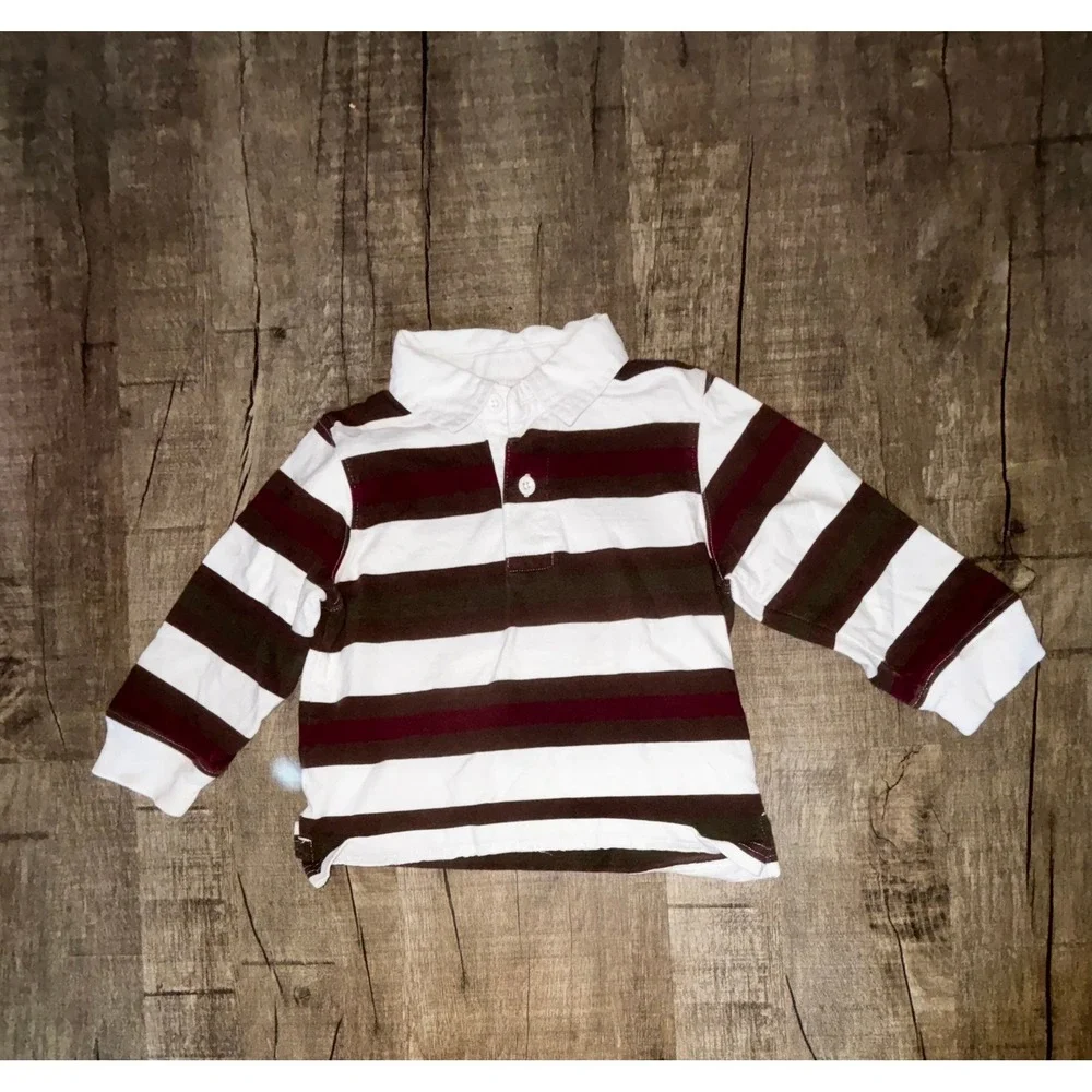 Gymboree Boys Brown Burgundy White Striped Long Sleeve Rugby Polo Shirt 18-24M